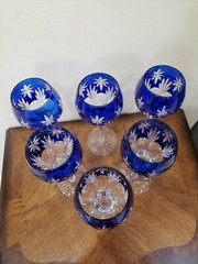 H&B STARS OF MIDNIGHT COBALT BLUE CUT TO CLEAR BOHEMIAM SET OF 6 WINE GLASSES