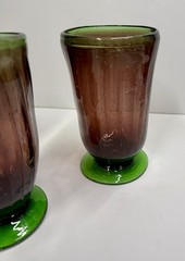 Set Of 4 Hand blown Purple Plum & Green Primitive Pedestal Bubble Glasses 5.75”