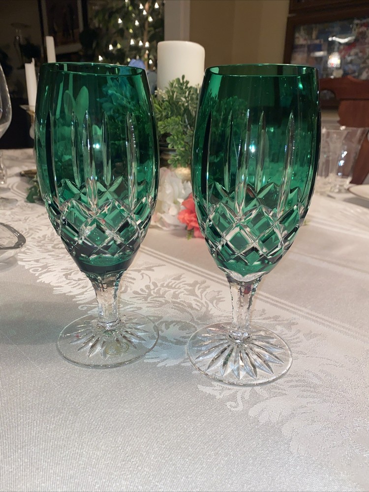 2 Ajka Arabella Emerald Green Vintage Cut to Clear Goblet, Water, Iced Tea, Wine