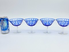 4 Blue Cut To Clear Hand Blown Crystal 6 Oz 4″ Cocktail Martini Glasses Goblets