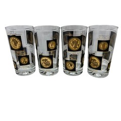 MCM Gold International World Coin Glasses Tumblers Set of 4 Barware