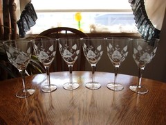 Etched Wine Floral Blown Smooth Stem Morning Glory – Set of 5 Glasses