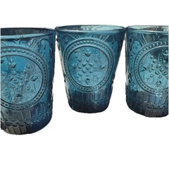 VTG Blue Teal Flash Embossed Drinking Glass Tumblers 4 1/4” Lot Of 4 READ