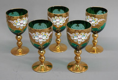 5 Emerald Green Venetian Enamel Hand Painted Gold Accent Wine Glasses Italy