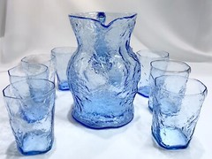 8 10 oz TUMBLER and 64 oz PITCHER Morgantown Gloria Blue Crinkle Glassware