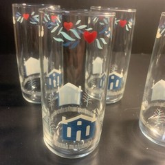 4 Anchor Hocking Glasses 1980’s Tumbler English Country Blue House Heart 16oz