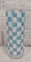 Vintage Atomic Turquoise White Hatch Pattern Tumbler Glass 7″ Mid Century MCM