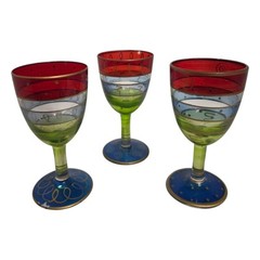 Pier 1 Cordial Liquer Glasses 4″ Handpainted 2oz Blue Green Red Gold Accent READ