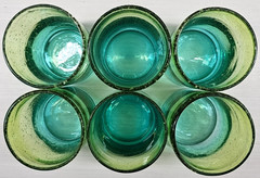 6 Bubble Glass Yellow Green Double Old Fashioned Set Hand Blown Art Tumblers Lot