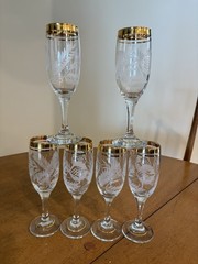 6 Etched Crystal Heavy Encrusted Gold Gilt Champagne Flute Glasses Bohemian Vtg