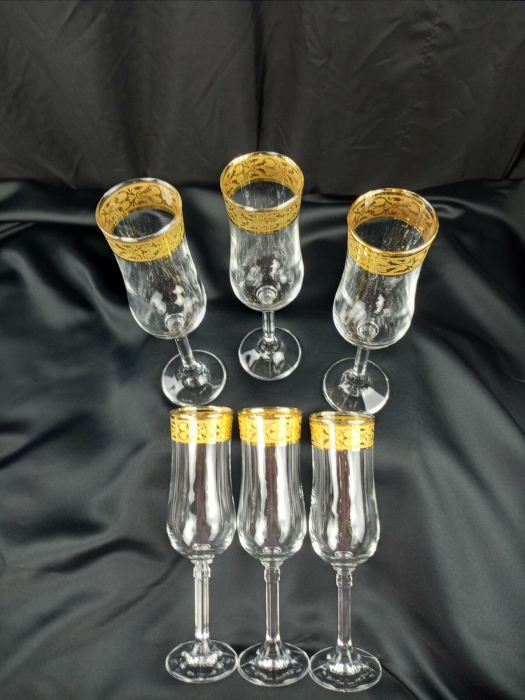 MARCELLO AGLIERI CRYSTAL 24K GOLD EMBOSSED CHAMPAGNE GLASSES 6X