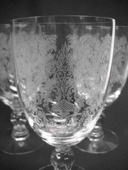 5 Vintage DUNCAN & MILLER «ROYAL LACE» CLEAR WATER GOBLETS-1-BALL STEMS-VG