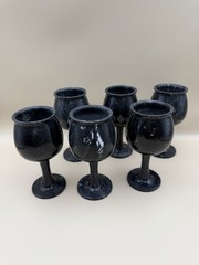 Set of 6 Black Marble Stone Goblets Wine Cups Hand Carved 6” Chalice Glasses