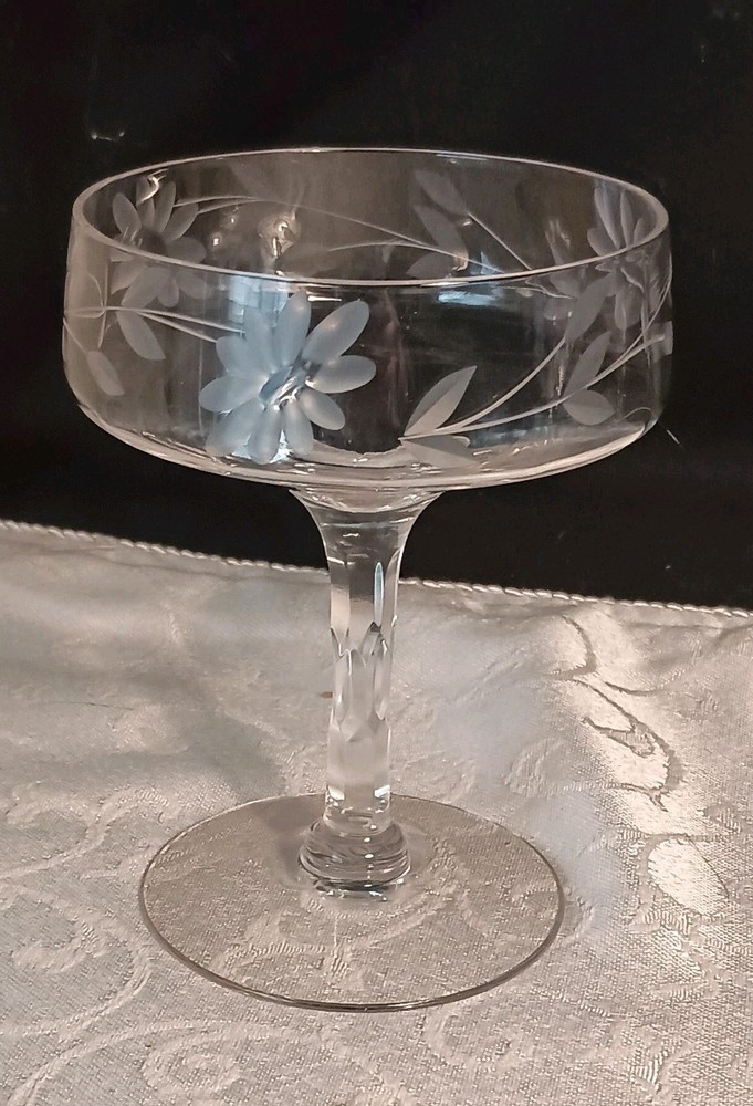 6 Tiffin Clear Panel Optic Grey Floral Coupe Champagne Glass w/ Cut Facet Stem
