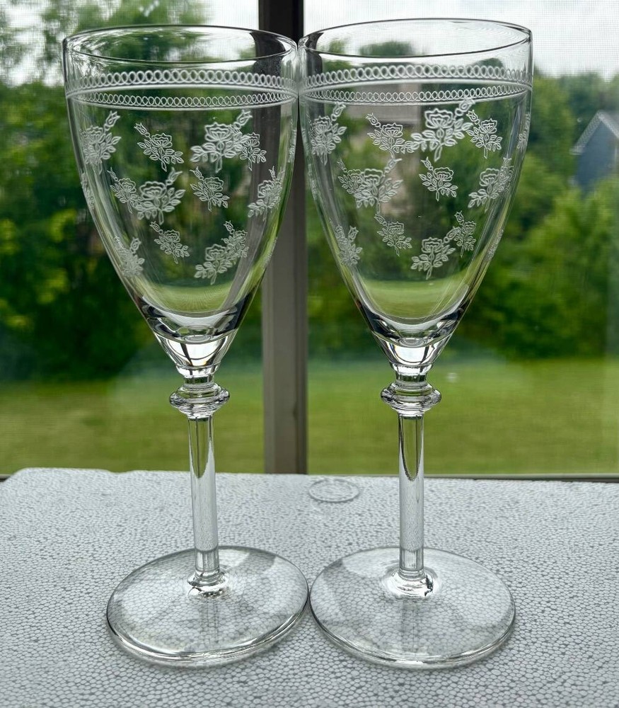 (2) BRYCE 758-6~7-3/4″ WATER~WINE GOBLETS~GLASSES~FLORAL ETCH~V EXC COND