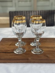 Vintage MCM Wine Glasses Set of 4 Gold Etched Rim Elegant Barware 6.75” Tall