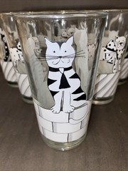 Set Of 6 Vintage Black & White Cat Highball Tumbler Drinking Glasses Bar Ware