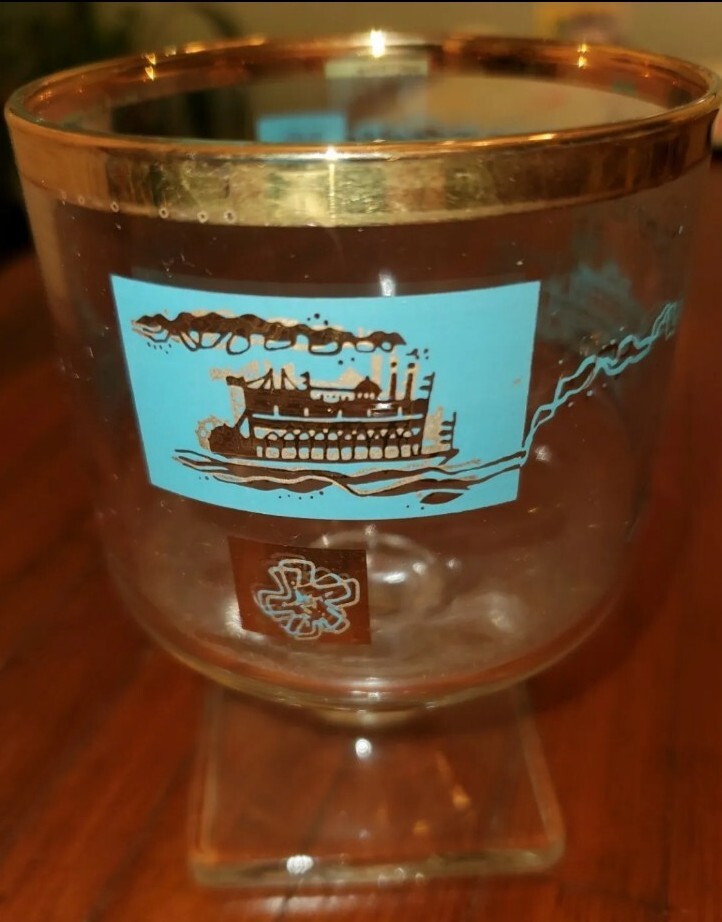 (8) Footed Libbey Southern Comfort Rocks Glasses Vintage Steamboat 22kt Gold