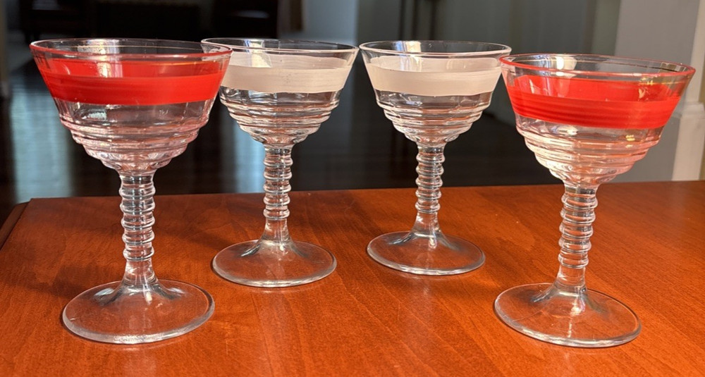 Four Vintage Red &White Frosted Striped Wine Cordials Glasses Stems MCM