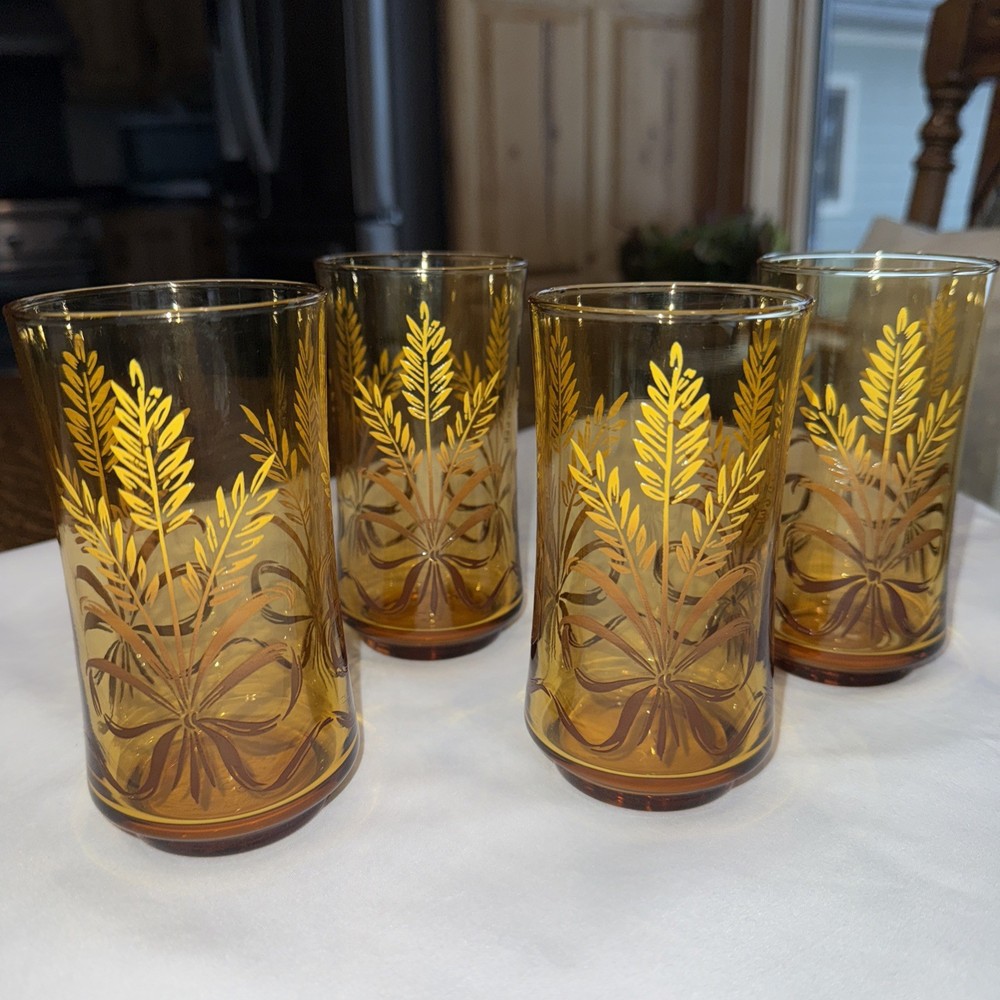 Vintage Libbey Gold Bounty (Wheat and Ribbon) Amber Drinking Glasses 5″ Lot Of 4