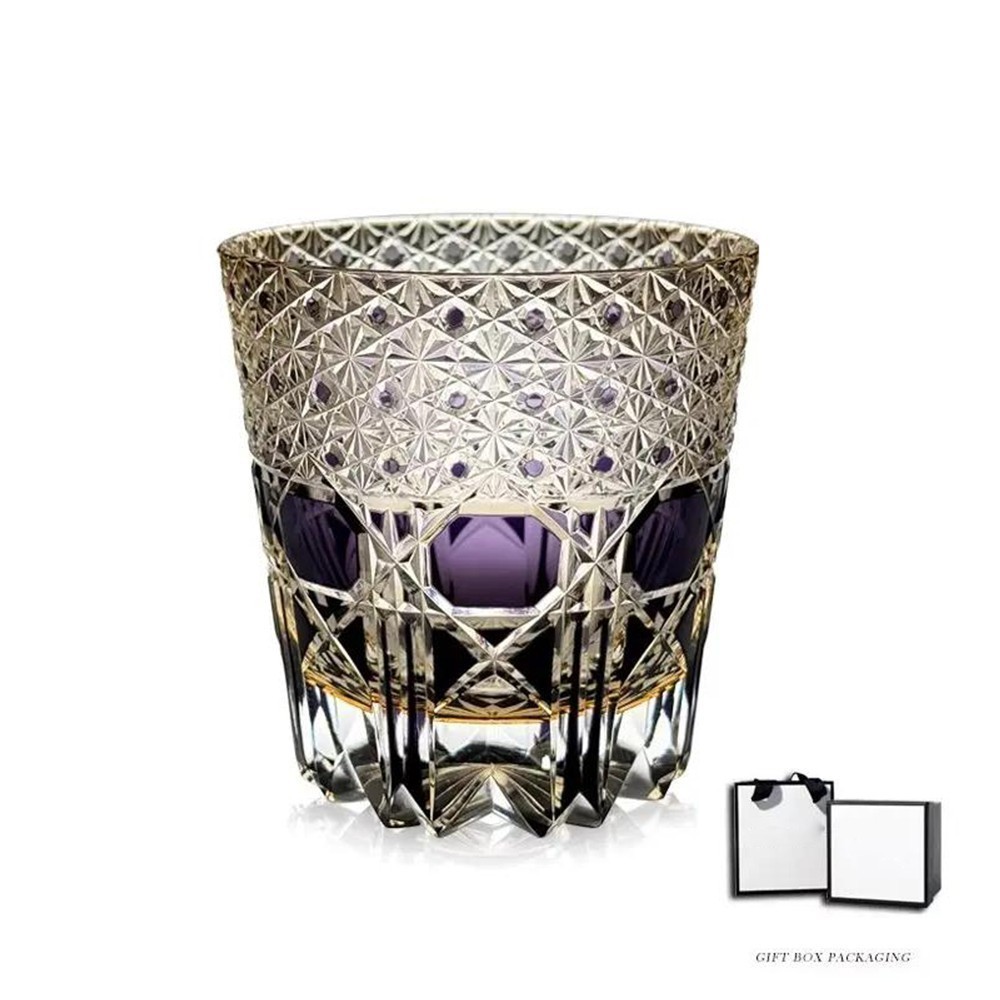 Edo Kiriko Hand Cut To Clear Star Crystal Whiskey Glasses Purple 12oz Drinkware