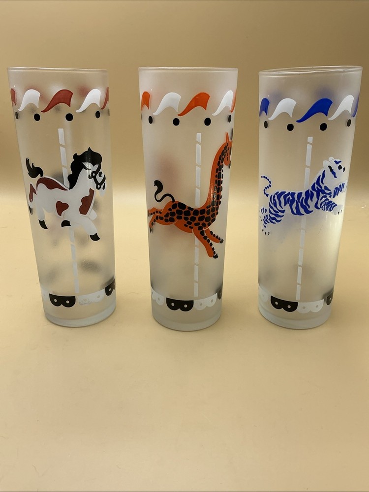 3 Vintage MCM Libbey Glass Frosted Carousel Merry-Go-Round Tumblers Glasses 7”