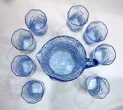 8 10 oz TUMBLER and 64 oz PITCHER Morgantown Gloria Blue Crinkle Glassware