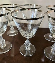 6 Vintage Platinum Silver Rim Glasses Elegant Crystal Water Wine Rock Stem 6″