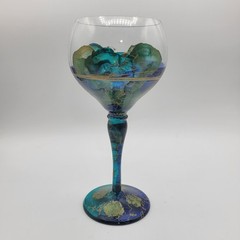 Vtg Handblown Wine Goblet Romania Abstract Blue Gold Accents Replacement