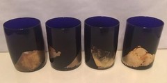 4 Vintage Randy Strong Handblown Rocks Cocktail Glasses Cobalt Blue Gold Leaf