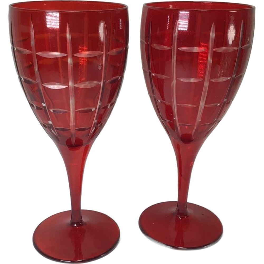 Red Cut Crystal Goblet Wine Glasses – Set of 2 Crystal Goblet Wine Glasses