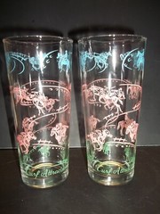 2 Vintage Peanut Butter Glass “Turf Attraction” Horse Racing Glass Tumblers