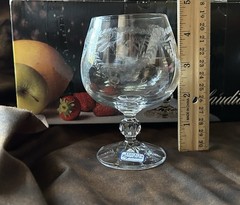 Vintage New 6 Claudia Bohemia Floral Etched Brandy Cognac Crystal Goblet Style