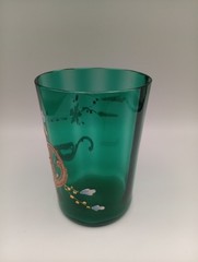 Victorian Optic Hand Blown Green Glass Gold Enameled Tumbler Flowers READ