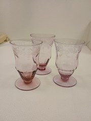 Vintage Etched Pink Depression Glass Small Blown Glass Footed, Set Of 3,