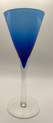 Vtg Cobalt Blue White Cased Clear Stem Blown Wine/Champane Glass, 8 5/8”Moretti?