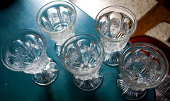 Antique Set 5 PANELLED THISTLE Water Goblets HIGBEE Clear Pressed Glass c1915