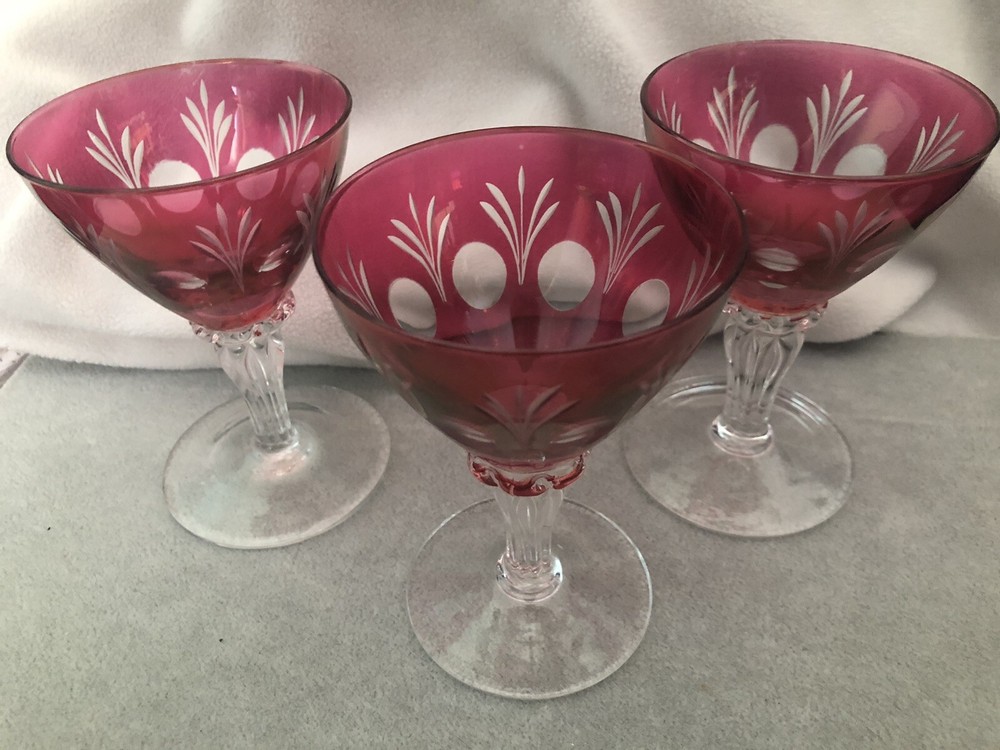 Cranberry Glass Ruby Etched Sherry Wine Glasses Goblets 1930s-1940s Set of 3