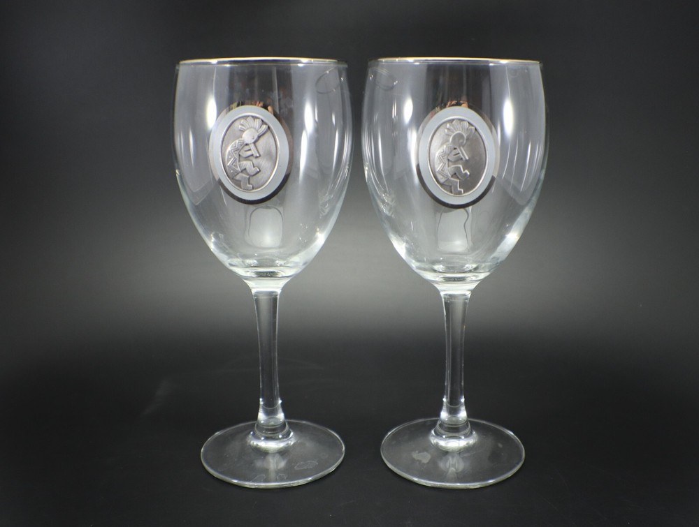 Wine Glass Set of 2 Pewter Kokopelli Emblem Silver Rim Southwest