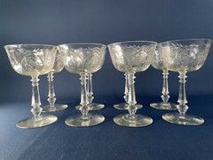 8 vintage Mid-Century Modern clear etched glass wine goblets 1940s 1950s
