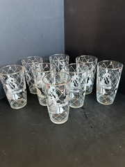 Vtg MCM 12oz Tumbler Set of 8 Lady Musicians Black White Aqua Pink Paint & Gold