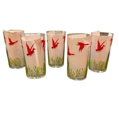 VTG MCM Drinking Glasses Clear Flying Geese Cattails Red Green Set 5
