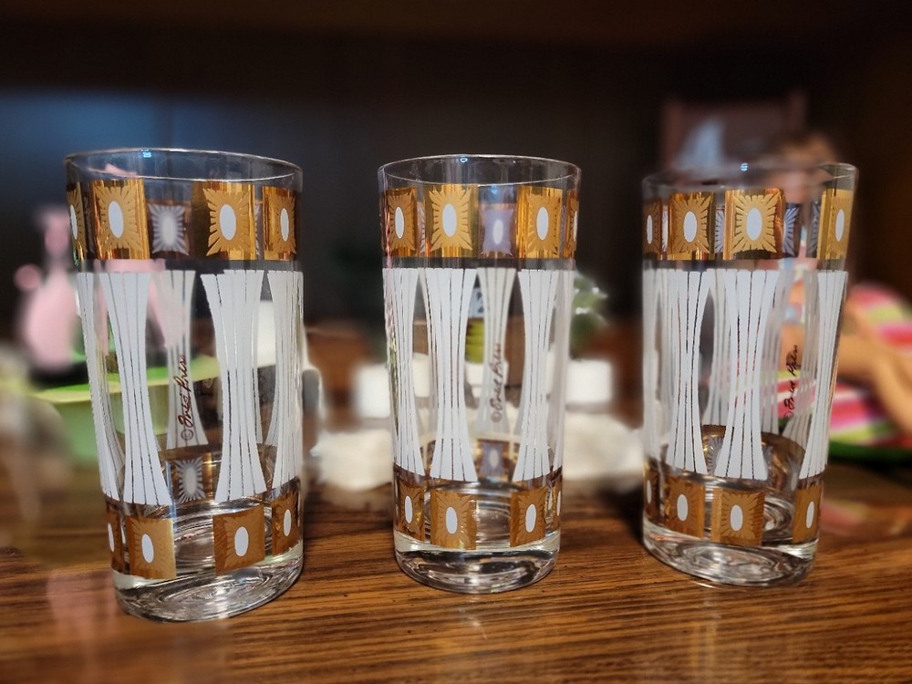 Fred Press Vintage Atomic MCM Highball Glasses 22K Gold – Set of 3 – Ex. Shape!