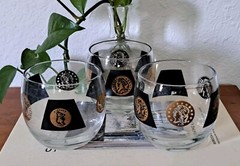 CERA Style 22KT Gold Black Coins ROLY POLY GLASSES 1960s Set of 3 Barware MCM