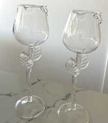 Pair Hand Blown Art Glass Tulip Wine Goblets Floral Stem Clear Glass 24 cm