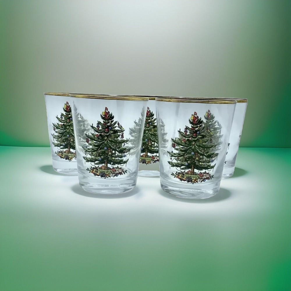 Spode Double Old Fashion Cocktail Liquor Rock Glasses Christmas Tree Set Of 5