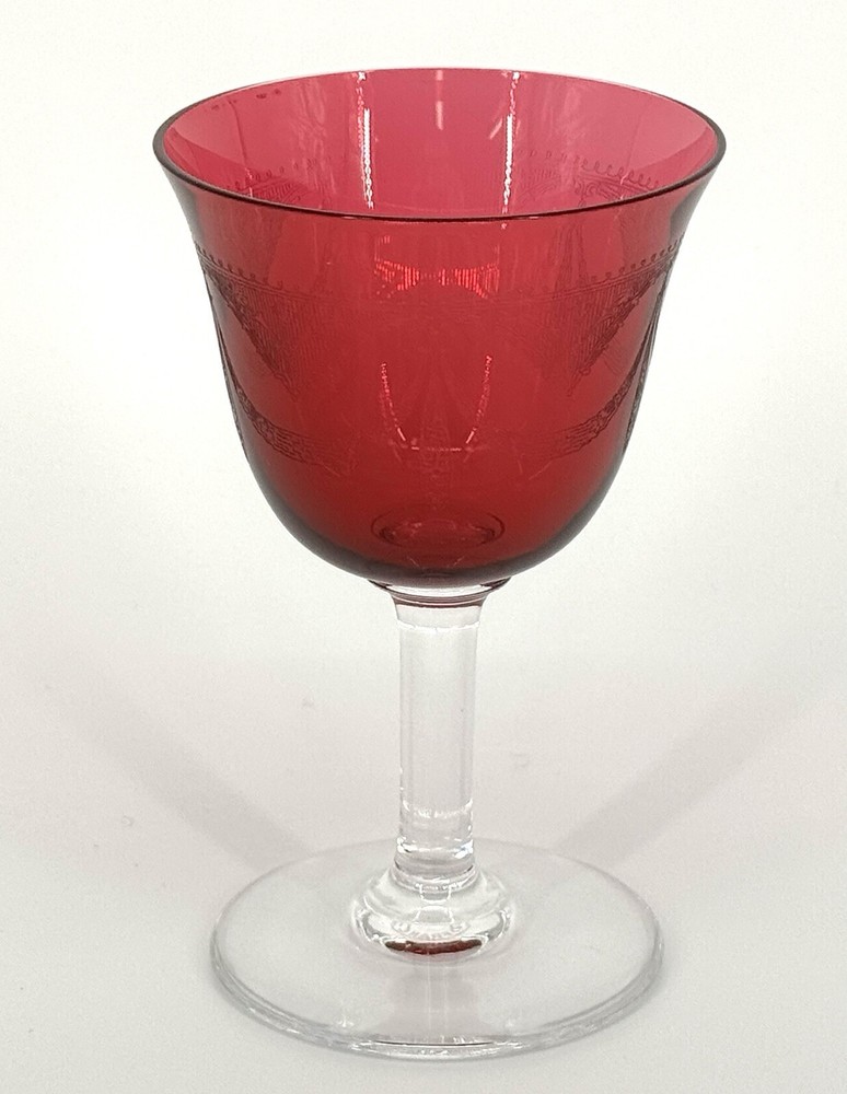 Antique St Louis Crystal France Needle Etched Cranberry Red 5.75” Wine Glass