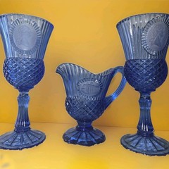 Blue Pressed Glass Goblet and pitcher.Three-Piece Set with Cameo Design