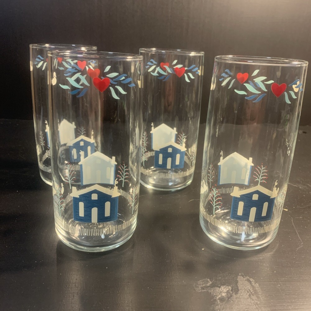 4 Anchor Hocking Glasses 1980’s Tumbler English Country Blue House Heart 16oz
