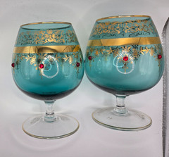Pr of Vintage Teal & Gold Gilted Jeweled Brandy – Cognac Bohemian Snifters 5″